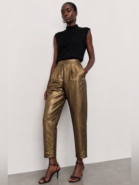 Metallic Gold High-Waisted Tapered Pants XS | Textured Shimmer Evening Trousers